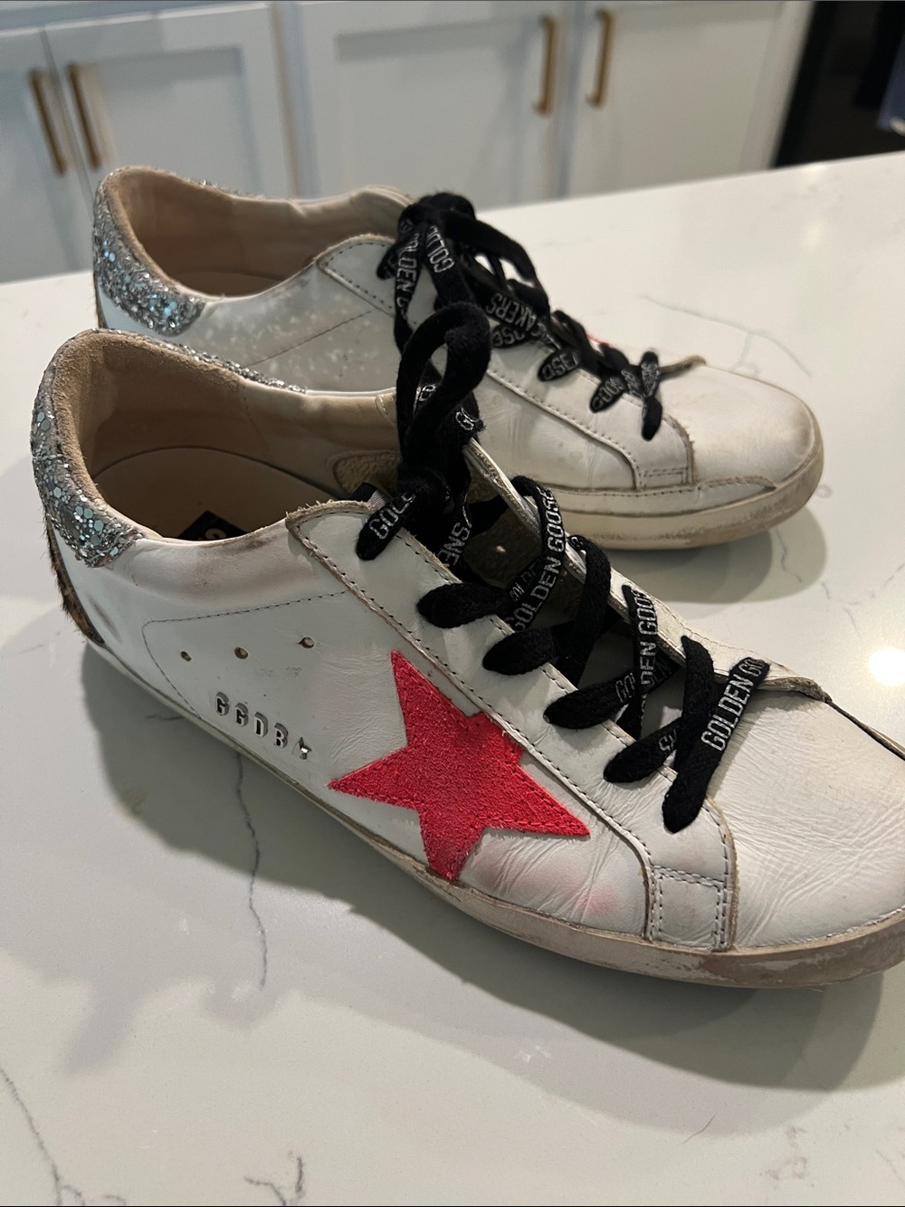 Golden Goose White Sneakers with Pink Star, Leopard & Silver Glitter Heel - Picture 2 of 3